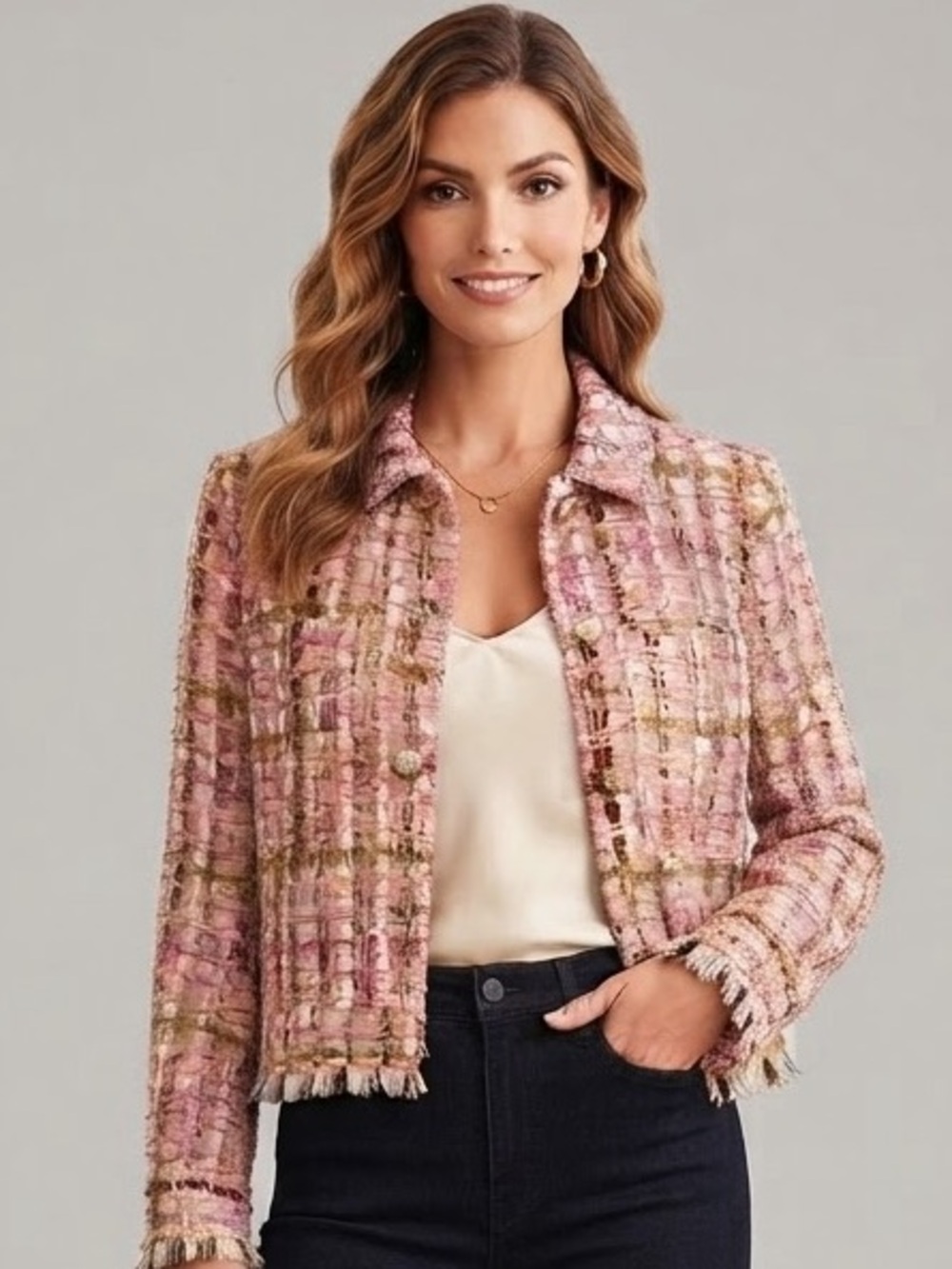 Adrienne Landau Tweed Blazer Jacket Size M Pink Gold